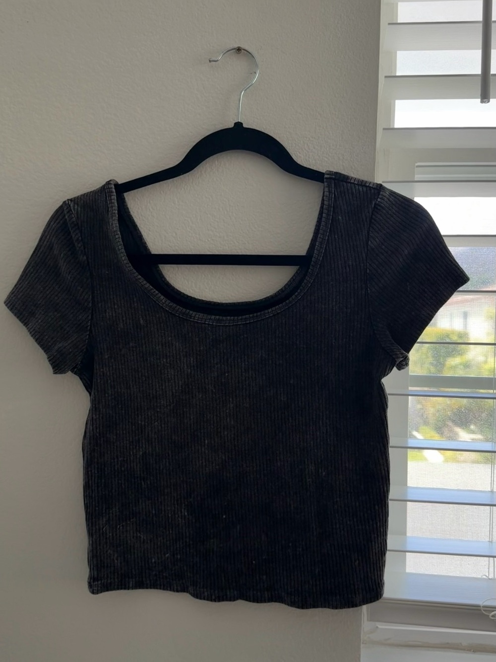 Washed Black Ribbed Scoop Neck Women's Top